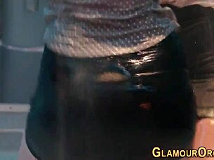 glamorous women perform oral acts in a group setting