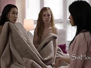 straight milf gets spanked into exploring lesbian desires with her tiny pocket-sized friends in a caught moment