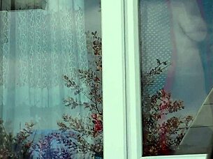 hey, that taxi driver spotted a naked milf in stockings washing windows without panties outdoors 😏