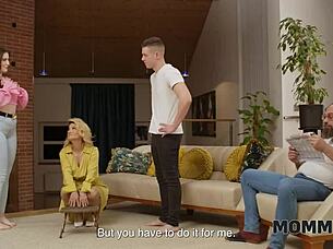 Seductive Mature Blonde Cougar with Shaved Pussy and Natural Tits Gives Handjob While Watching in Czech Style