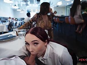 I feel so horny watching this sneaky waitress get caught in outdoor group titty fuck