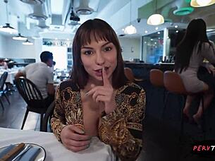 I feel so horny watching this sneaky waitress get caught in outdoor group titty fuck