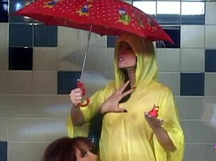 Showering with the latex brunette turns into intense toy play as the lesbian gets plowed deeply.