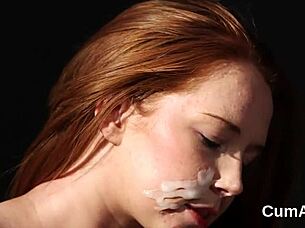 Foxy hottie sucks cocks in blowbang then swaps cum with facial bukkake fun