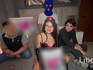 Sexy nurse teases and milks three patients in wild cosplay session