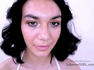 Dazzling brunette model gets fucked hard during intense casting couch audition with cum swallow