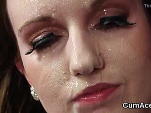 Foxy hottie sucks cocks in blowbang then swaps cum with facial bukkake fun