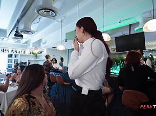 I feel so horny watching this sneaky waitress get caught in outdoor group titty fuck