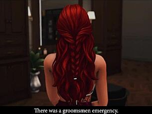 Character in Sims 4 has interaction with fiance before wedding event in casual narrative style