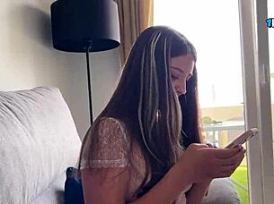 Slutty brunette sucks big cock and swallows cum for revenge