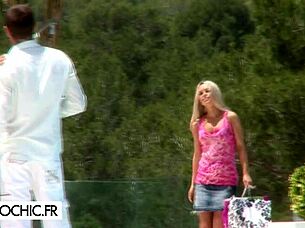 Blonde and brunette babes join a guy for an outdoor threesome in Ibiza, riding cowgirl and taking anal before cumshots on asses