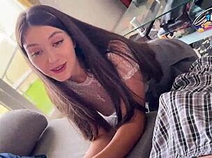 Slutty brunette sucks big cock and swallows cum for revenge