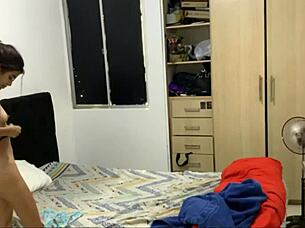 Romantic first time massage with skinny Colombian college girl in lingerie and tan lines