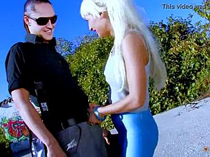 blonde cougar seduces guy in yoga leggings for outdoor blowjob and cum in mouth