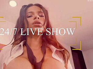 redhead screams wildly while performing intense blowjob on his cock in close up