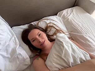 Amateur couple enjoyed hot homemade fucking with loud moans and big tits bouncing in bed.