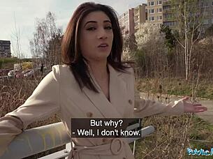 public agent spots super sexy brunette who shows off and engages outdoors.