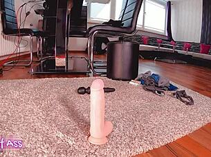 Curvaceous cutie teases with a naughty reverse cowgirl dildo ride.