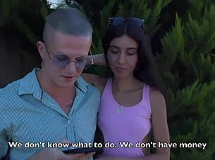 Watch husband endure cuckold humiliation as wife fucks two guys to cover hotel bill!