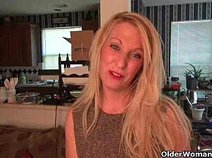 shelby, the mature blonde milf, models her pantyhose and stockings collection in high definition.