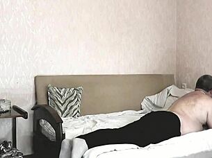 Whoa, check this threesome with naked virgin teen 18+ girl and roommate old man in bedroom on bed! 🍑👀