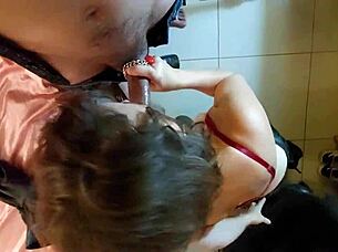 Intense French amateur slut delivers deepthroat blowjob and rimjob in red satin bodysuit with heels