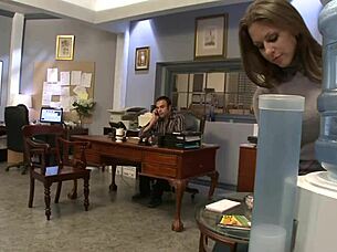 Fucking hot milf secretary bent over desk in fishnets and heels with creampie finish