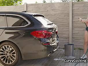 Oh Wow, Busty Blonde in Bikini Gets Her Big Tits Fucked Hard at the Car Wash!