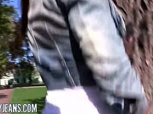 Hey, check out this beautiful babe in tight jeans teasing her way to hardcore pussy smashing in the garage!