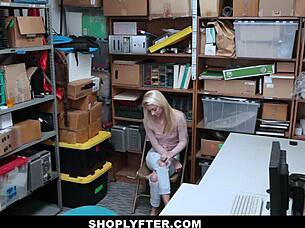 Cute skinny blonde teen takes huge cumshot after getting caught in shop blackmail scheme.