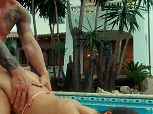 Horny Tru Kait gets wet outdoor fucking by the pool in rough doggystyle ride