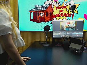 Horny White Girl Bent Over Podcast Table Showing Tight Pussy Teasingly