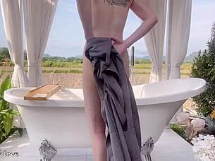 Skinny Amateur Student Takes Sexy Bath in Outdoor Public Rice Field