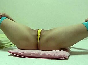 Overwhelmed Japanese girl spreads legs wide revealing tight wedgie