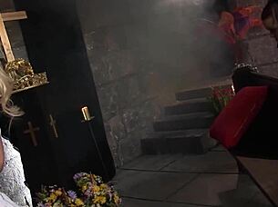 sexy brunette vampire in costume seduced blonde for bondage fun with toys