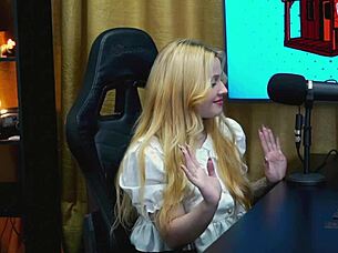 Horny White Girl Bent Over Podcast Table Showing Tight Pussy Teasingly