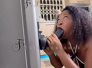 Will This Hot Milf Camgirl Take That 14 Inches Dildo Deep on the Fridge in Kitchen Full Video?