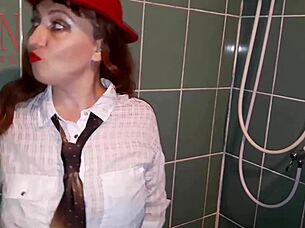 chick gets wet in shower with soaked panties and shirt on