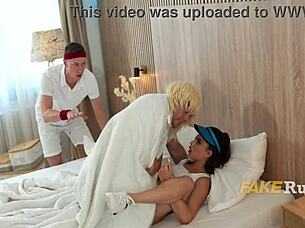 hot chick left with friend leads to intense mmf threesome action