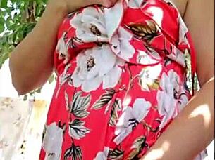 I feel so aroused watching this mature milf with hairy natural tits masturbating outdoors