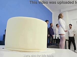 Damn, horny food critic Julia North gets fucked hard in 5on1 DAP DP with squirt and creampie