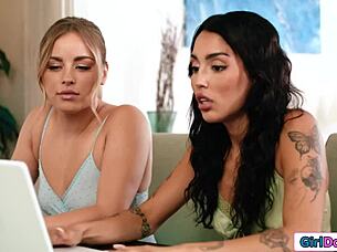 Blonde and brunette roommates dive into passionate lesbian licking in dorm, facesitting and muff diving until ecstasy hits.