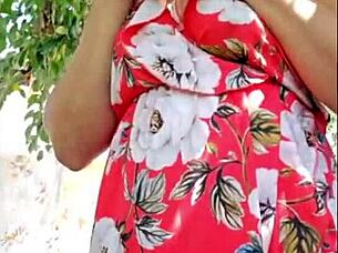 I feel so aroused watching this mature milf with hairy natural tits masturbating outdoors