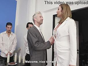 Damn, horny food critic Julia North gets fucked hard in 5on1 DAP DP with squirt and creampie