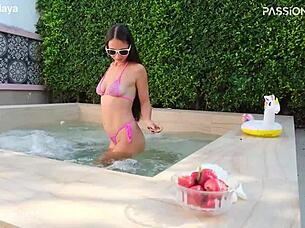 I feel so relaxed in my morning bikini chill with berries by the pool.
