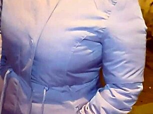 Mature woman with big ass walks down the street in thong under transparent leggings.