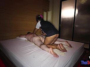 Asian teen 18+ with big tits massages and sucks oiled cock