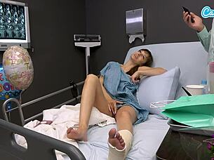 oh horny big tits milf can i masturbate on hospital bed and give stranger handjob with cum on tits?