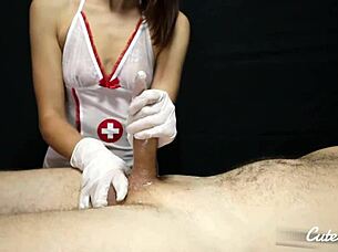 check out this young nurse in gloves giving a slow handjob to her patient until he cums hard