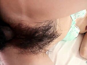 Slim Japanese teen with small tits and hairy pussy gets creampie from older guy